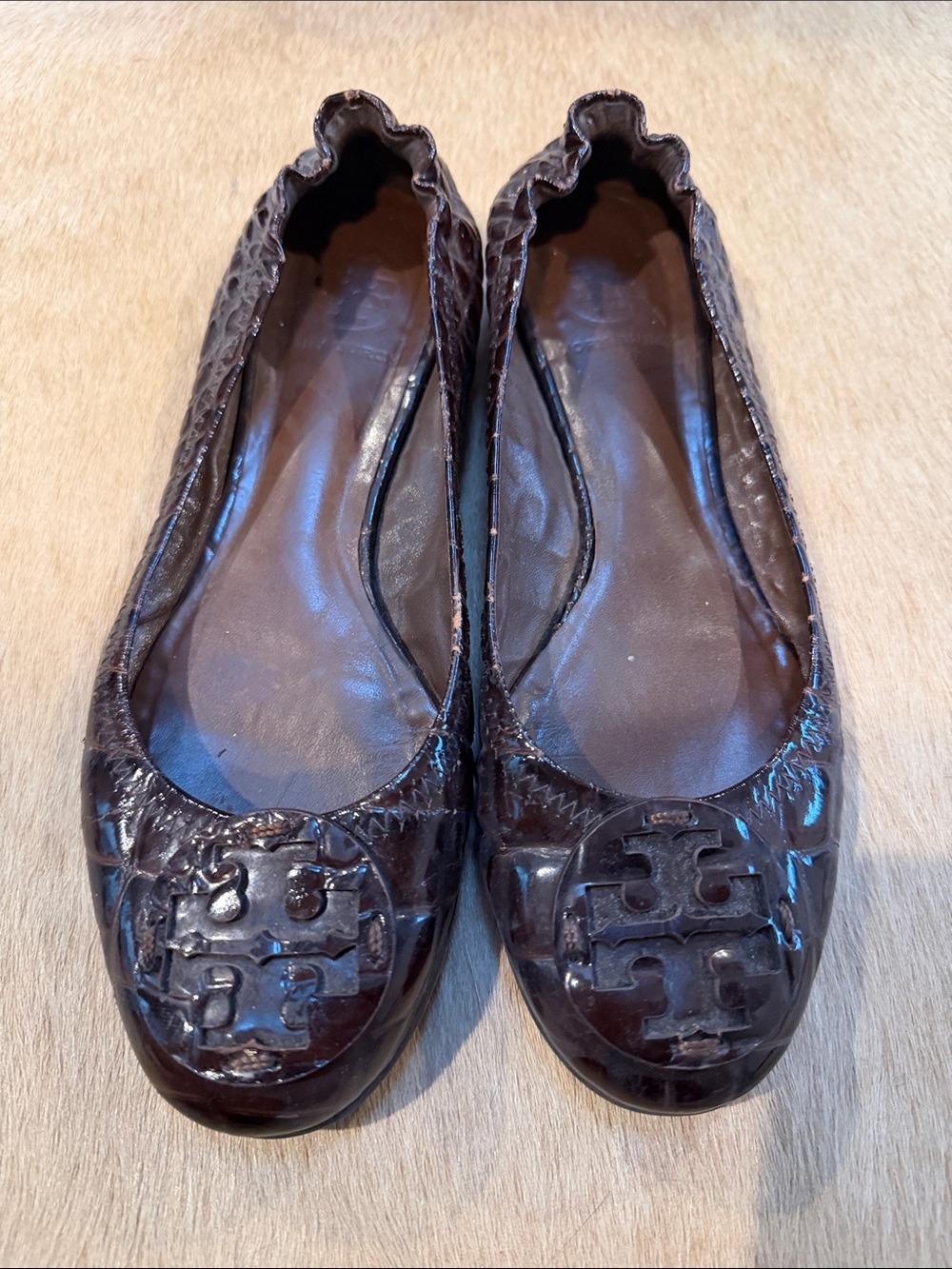 Tory Burch Dark Brown Patent Leather Logo Ballet Flats
